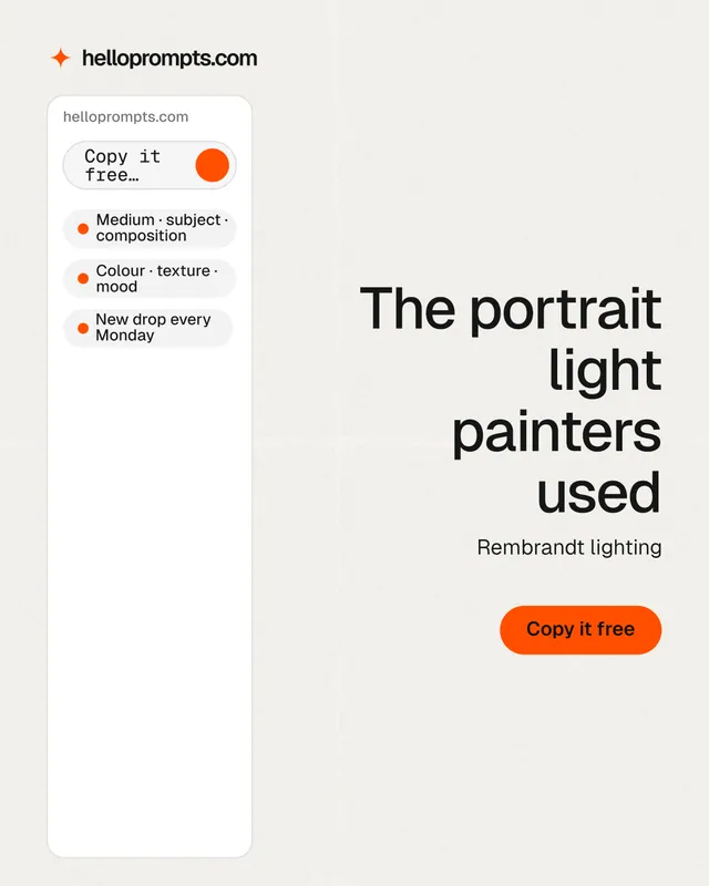 Instagram portrait post for HelloPrompts: "The portrait light painters used". Data card style, right layout, light palette in white, orange.