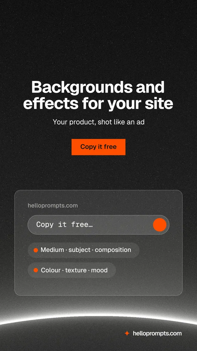 Instagram story for HelloPrompts: "Backgrounds and effects for your site". Swiss style, centred layout, dark palette in black, grey.