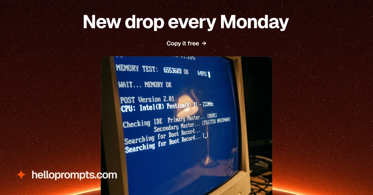 Social ad for HelloPrompts: "New drop every Monday". Swiss style, ogui layout, dark palette in black, blue, red.