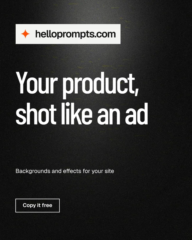 Instagram portrait post for HelloPrompts: "Your product, shot like an ad". Dark deco style, announce layout, dark palette in black, grey.