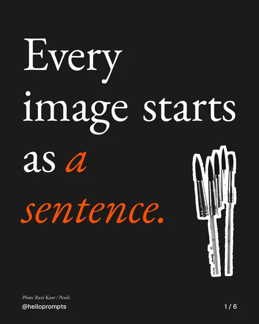 Carousel for HelloPrompts: "Every image starts as a sentence.". Cutout essay, 6 slides, dark palette.