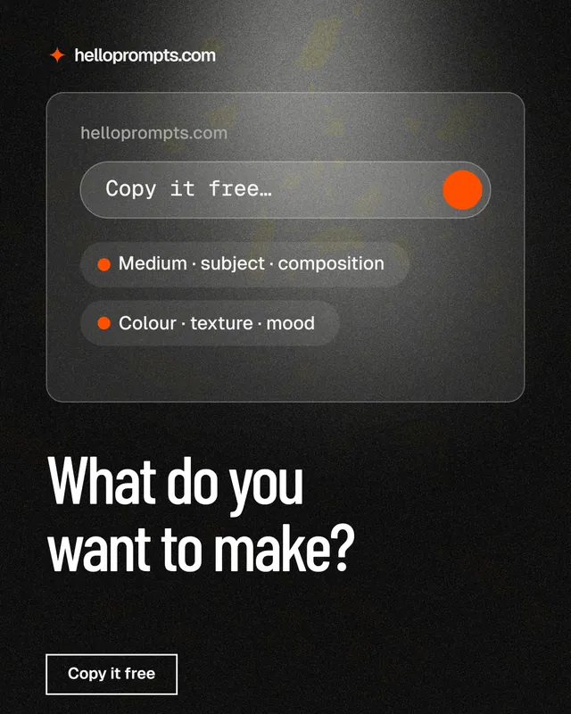 Instagram portrait post for HelloPrompts: "What do you want to make?" Dark deco style, bottom layout, dark palette in black, grey.