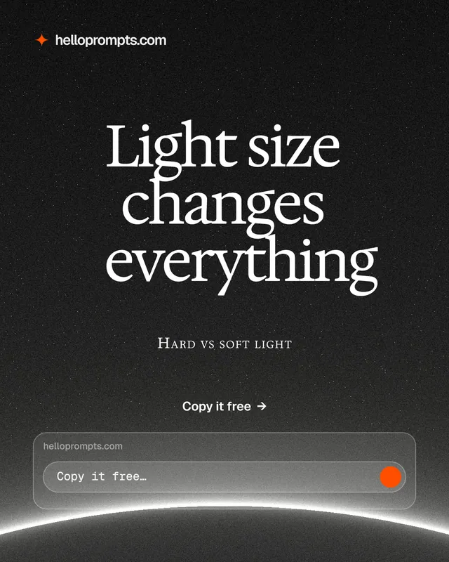 Instagram portrait post for HelloPrompts: "Light size changes everything". Swiss style, smallcaps layout, dark palette in black, grey.