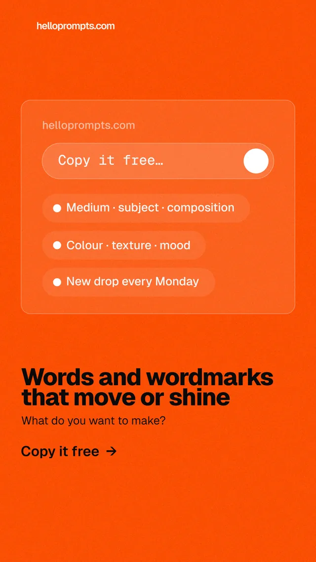 Instagram story for HelloPrompts: "Words and wordmarks that move or shine". Turn card style, bottom layout, light palette in orange.