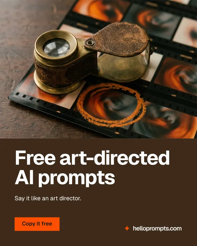 Instagram portrait post for HelloPrompts: "Free art-directed AI prompts". Swiss style, bottom layout, dark palette in orange, grey, black.