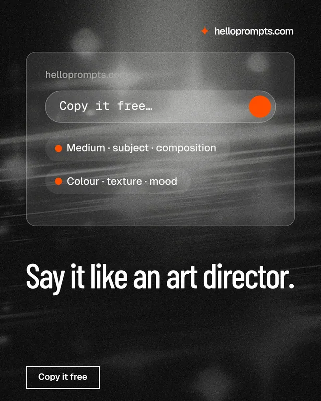 Instagram portrait post for HelloPrompts: "Say it like an art director." Dark deco style, bottom layout, dark palette in black, grey.
