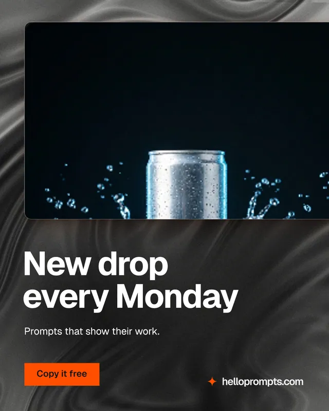 Instagram portrait post for HelloPrompts: "New drop every Monday". Swiss style, bottom layout, dark palette in black, grey.