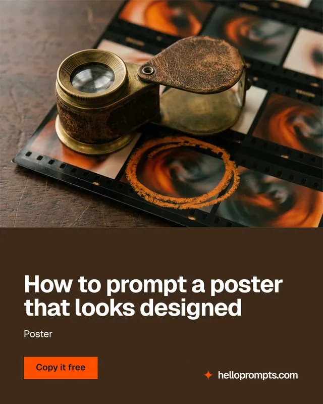 Instagram portrait post for HelloPrompts: "How to prompt a poster that looks designed". Swiss style, bottom layout, dark palette in orange, black, grey.