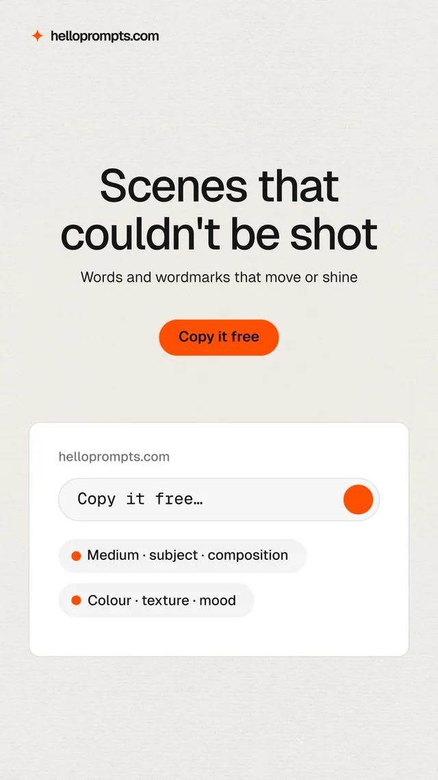 Instagram story for HelloPrompts: "Scenes that couldn't be shot". Data card style, centred layout, light palette in white, orange, yellow.