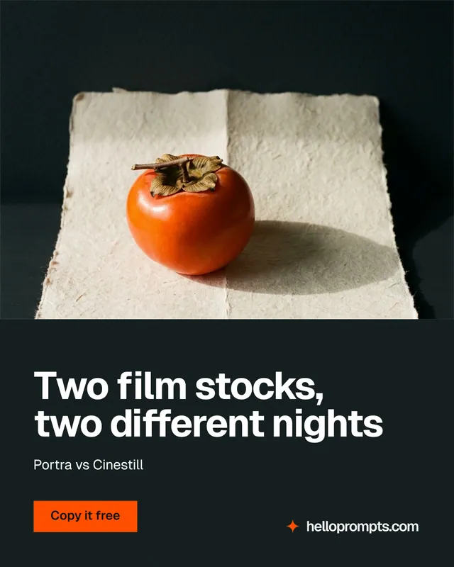 Instagram portrait post for HelloPrompts: "Two film stocks, two different nights". Swiss style, bottom layout, dark palette in black, orange.
