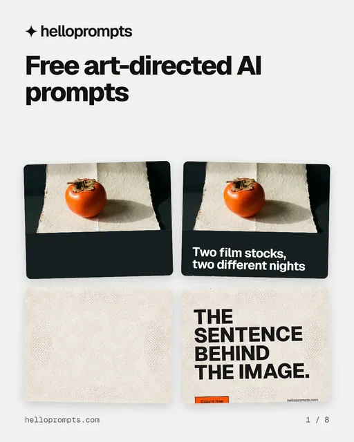 Carousel for HelloPrompts: "Free art-directed AI prompts". Collection carousel, 8 slides, light palette.