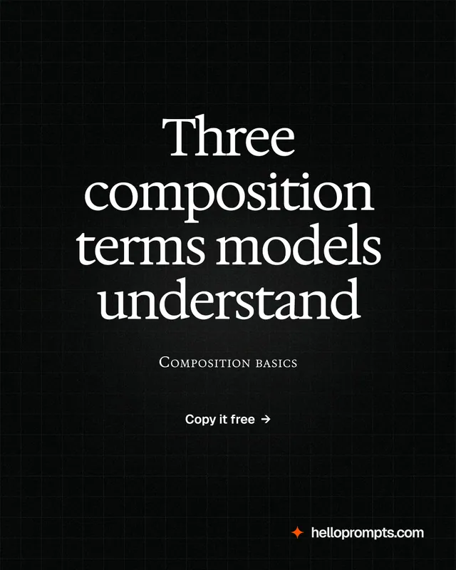 Instagram portrait post for HelloPrompts: "Three composition terms models understand". Phosphor atlas style, smallcaps layout, dark palette in black.