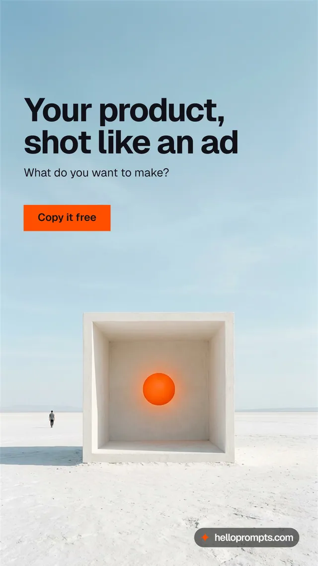Instagram story for HelloPrompts: "Your product, shot like an ad". Swiss style, bottom layout, light palette in blue, grey, white.