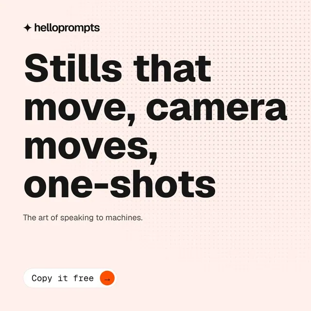 Video for HelloPrompts: "Stills that move, camera moves, one-shots". Doc motion loop, 6.0 s, light palette.