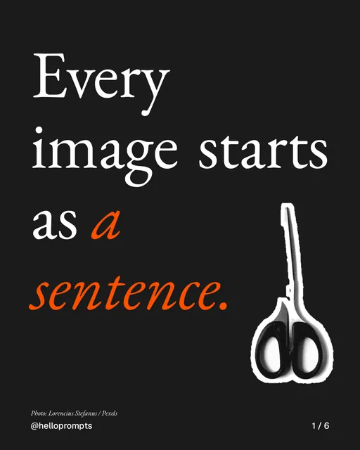 Carousel for HelloPrompts: "Every image starts as a sentence.". Cutout essay, 6 slides, dark palette.