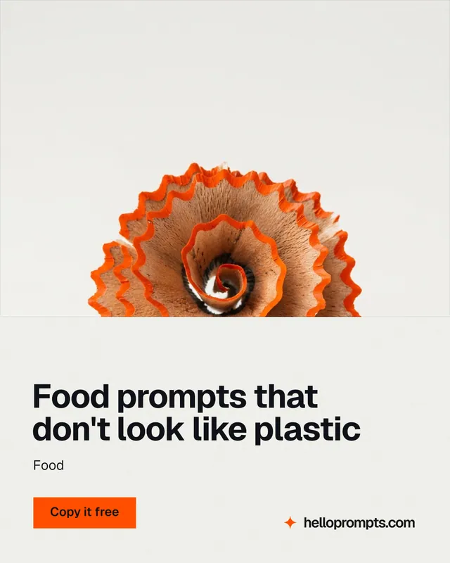 Instagram portrait post for HelloPrompts: "Food prompts that don't look like plastic". Swiss style, bottom layout, light palette in white, brown.