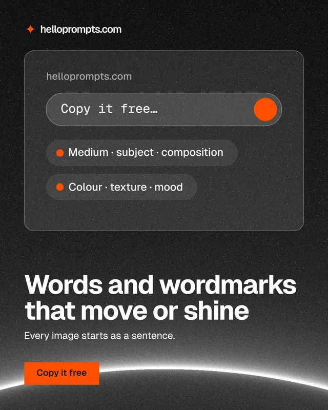 Instagram portrait post for HelloPrompts: "Words and wordmarks that move or shine". Swiss style, bottom layout, dark palette in black, grey.