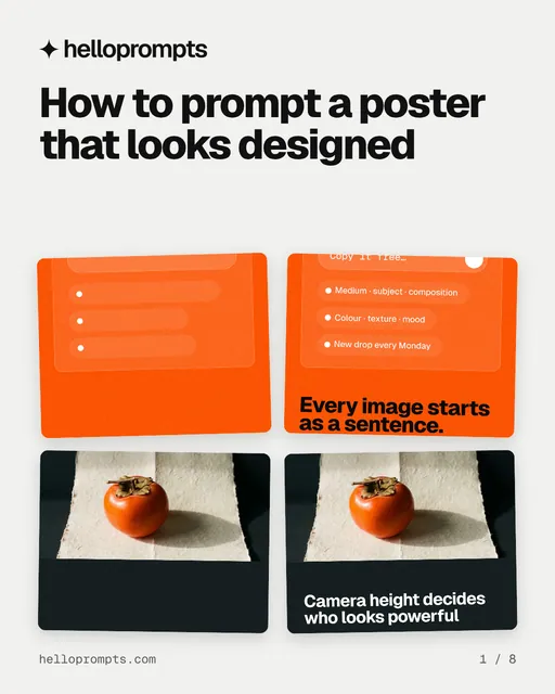 Carousel for HelloPrompts: "How to prompt a poster that looks designed". Collection carousel, 8 slides, light palette.