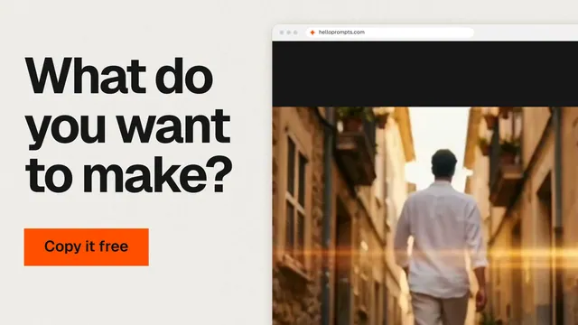 Landscape graphic for HelloPrompts: "What do you want to make?" Swiss style, browser layout, light palette in white, orange, brown.