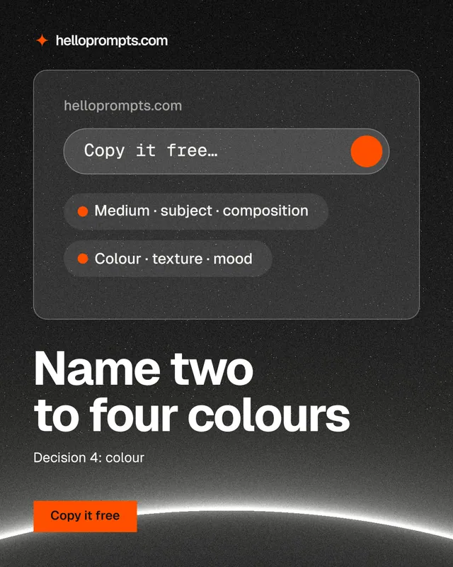 Instagram portrait post for HelloPrompts: "Name two to four colours". Swiss style, bottom layout, dark palette in black, grey.
