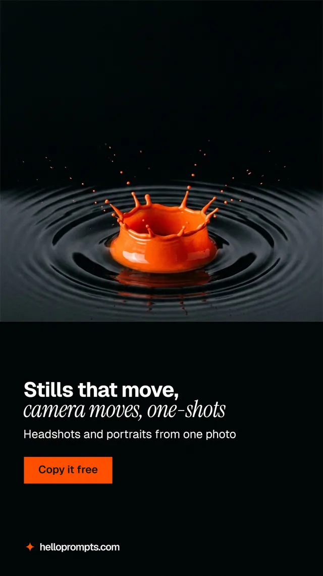 Instagram story for HelloPrompts: "Stills that move, camera moves, one-shots". Swiss style, bottom layout, dark palette in black.