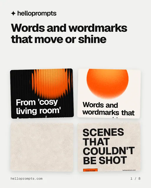 Carousel for HelloPrompts: "Words and wordmarks that move or shine". Collection carousel, 8 slides, light palette.