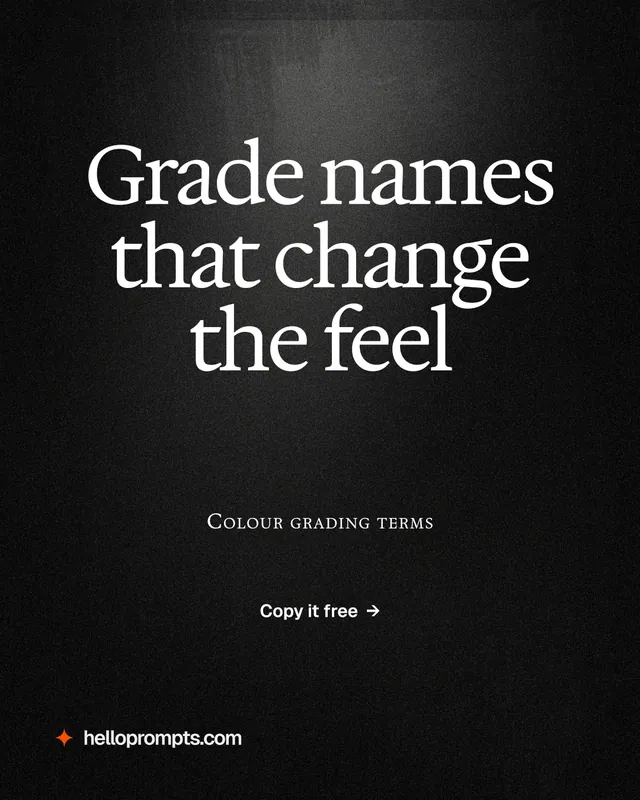 Instagram portrait post for HelloPrompts: "Grade names that change the feel". Dark deco style, smallcaps layout, dark palette in black, grey.