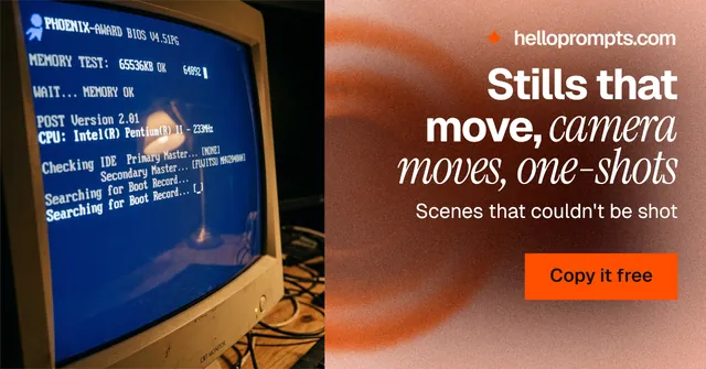 Social ad for HelloPrompts: "Stills that move, camera moves, one-shots". Swiss style, right layout, dark palette in blue, orange, red.