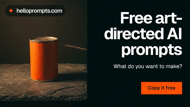 Landscape graphic for HelloPrompts: "Free art-directed AI prompts". Swiss style, right layout, dark palette in black, orange.