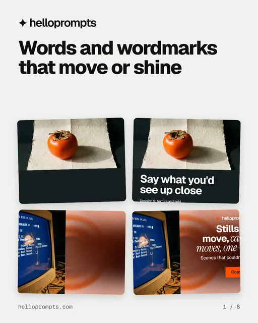 Carousel for HelloPrompts: "Words and wordmarks that move or shine". Collection carousel, 8 slides, light palette.