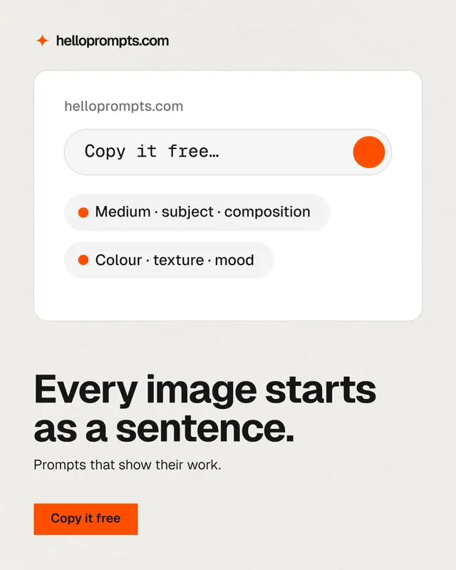 Instagram portrait post for HelloPrompts: "Every image starts as a sentence." Swiss style, bottom layout, light palette in white, grey.
