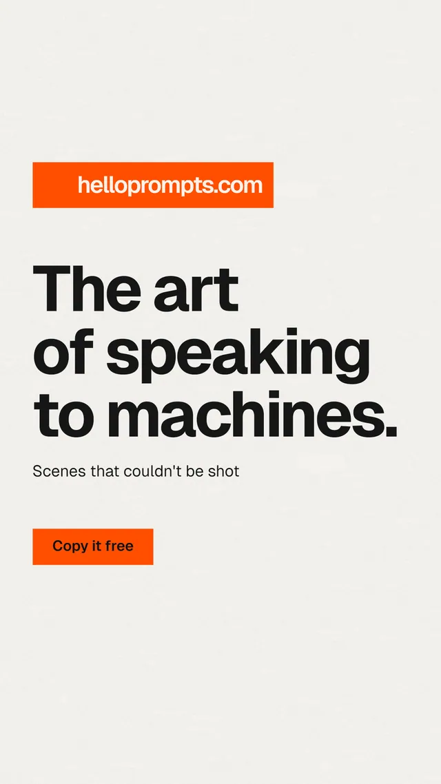 Instagram story for HelloPrompts: "The art of speaking to machines." Swiss style, announce layout, light palette in white, orange.