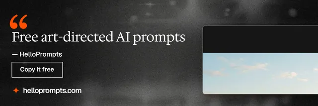 X header for HelloPrompts: "Free art-directed AI prompts". Dark deco style, quote layout, dark palette in grey, black.