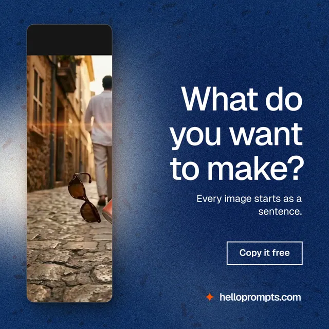 Instagram post for HelloPrompts: "What do you want to make?" Cyanotype style, right layout, dark palette in blue, grey.