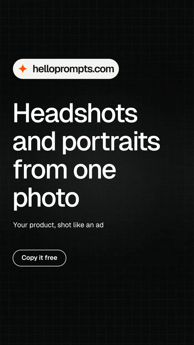 Instagram story for HelloPrompts: "Headshots and portraits from one photo". Phosphor atlas style, announce layout, dark palette in black, grey.