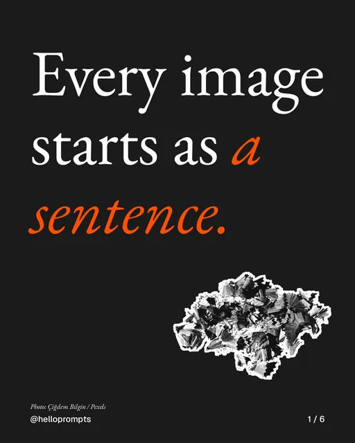 Carousel for HelloPrompts: "Every image starts as a sentence.". Cutout essay, 6 slides, dark palette.
