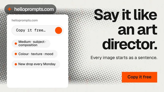 Landscape graphic for HelloPrompts: "Say it like an art director." Swiss style, right layout, light palette in white, grey.
