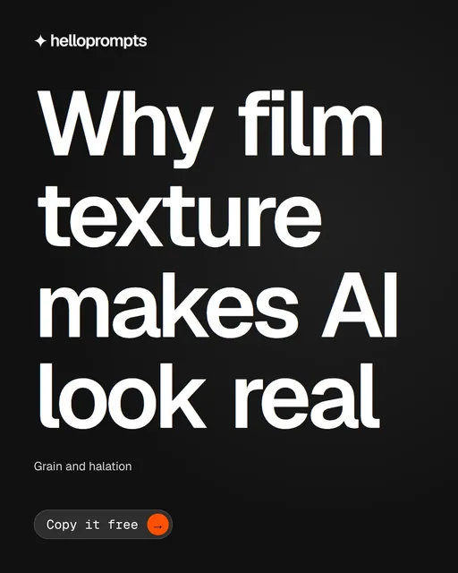 Video for HelloPrompts: "Why film texture makes AI look real". Doc motion loop, 7.0 s, dark palette.