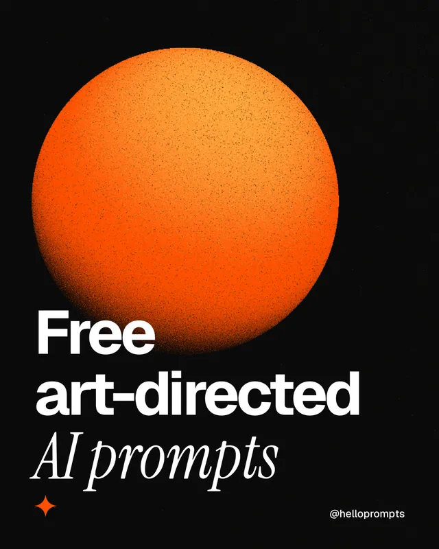 Instagram portrait post for HelloPrompts: "Free art-directed AI prompts". Auto 4x5 style, technique:shader field layout, dark palette in orange, black.
