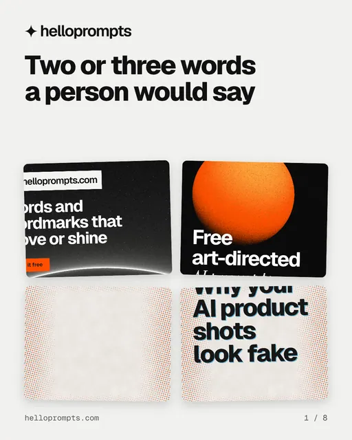 Carousel for HelloPrompts: "Two or three words a person would say". Collection carousel, 8 slides, light palette.