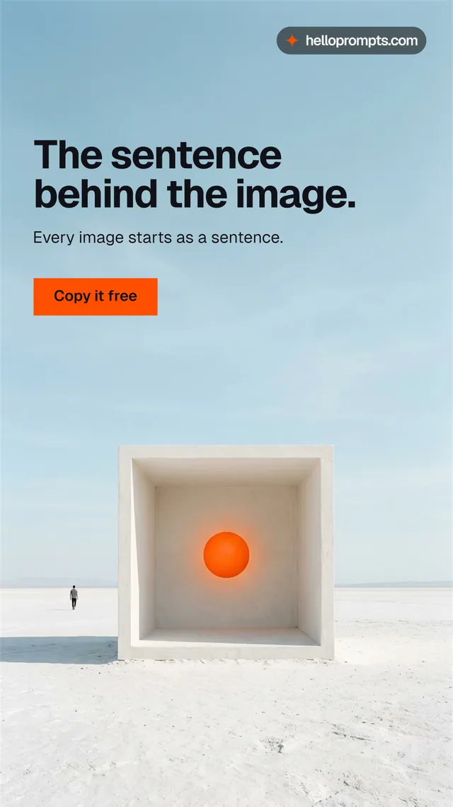 Instagram story for HelloPrompts: "The sentence behind the image." Swiss style, bottom layout, light palette in blue, white, grey.
