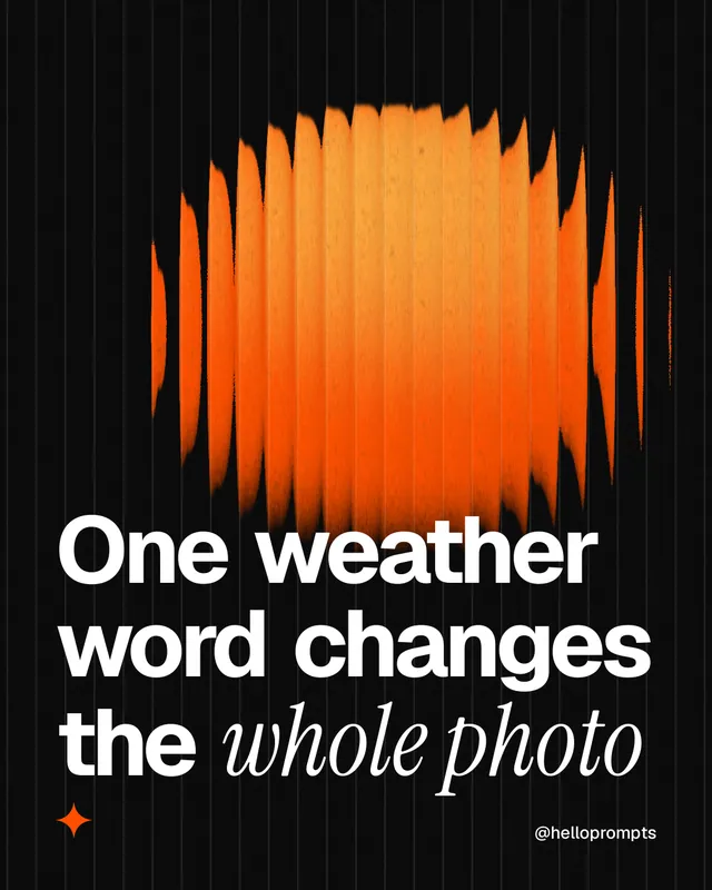 Instagram portrait post for HelloPrompts: "One weather word changes the whole photo". Auto 4x5 style, technique:shader field layout, dark palette in orange, black.