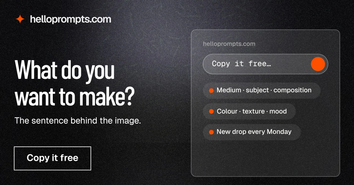Social ad for HelloPrompts: "What do you want to make?" Dark deco style, bottom layout, dark palette in black, grey.