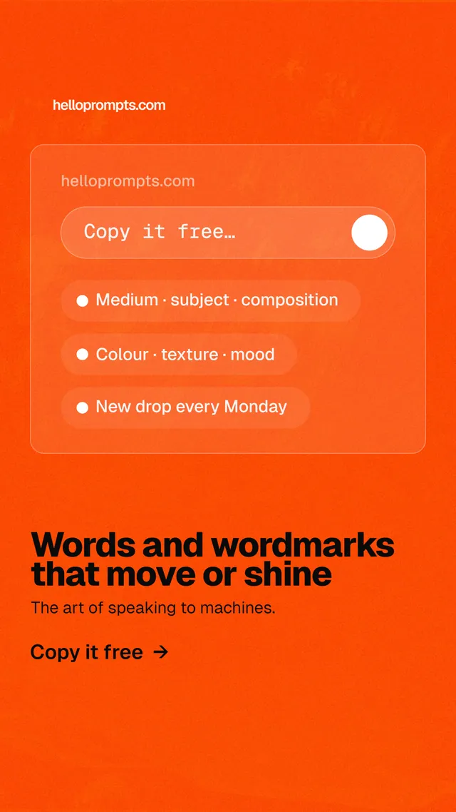 Instagram story for HelloPrompts: "Words and wordmarks that move or shine". Turn card style, bottom layout, light palette in orange.