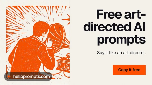 Landscape graphic for HelloPrompts: "Free art-directed AI prompts". Swiss style, right layout, light palette in orange, white.
