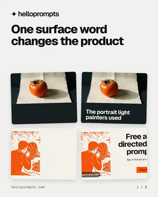 Carousel for HelloPrompts: "One surface word changes the product". Collection carousel, 8 slides, light palette.