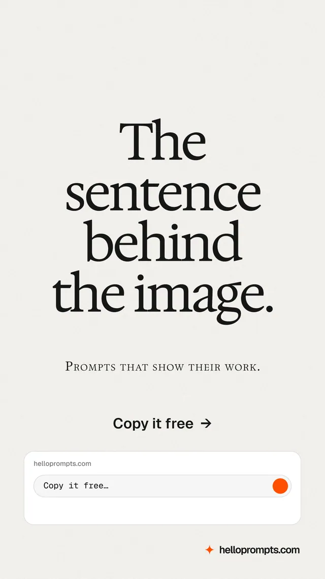 Instagram story for HelloPrompts: "The sentence behind the image." Swiss style, smallcaps layout, light palette in white.