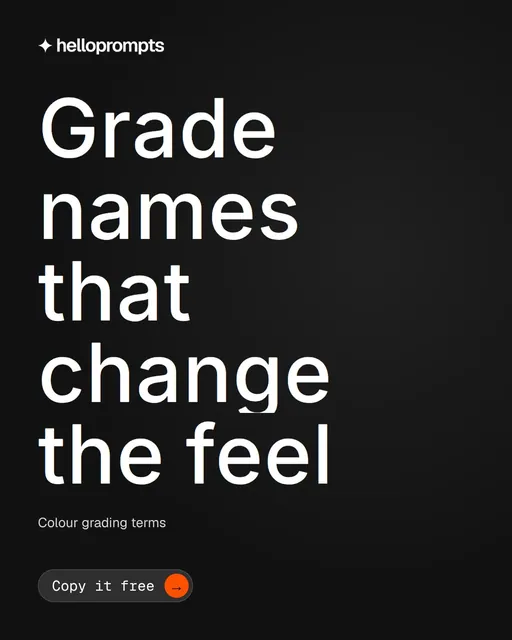 Video for HelloPrompts: "Grade names that change the feel". Doc motion loop, 8.0 s, dark palette.