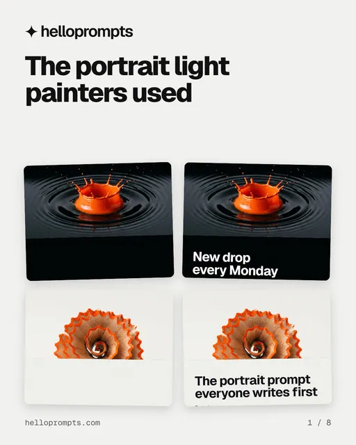 Carousel for HelloPrompts: "The portrait light painters used". Collection carousel, 8 slides, light palette.