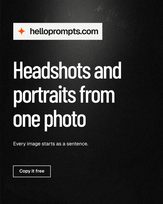 Instagram portrait post for HelloPrompts: "Headshots and portraits from one photo". Dark deco style, announce layout, dark palette in black, grey.